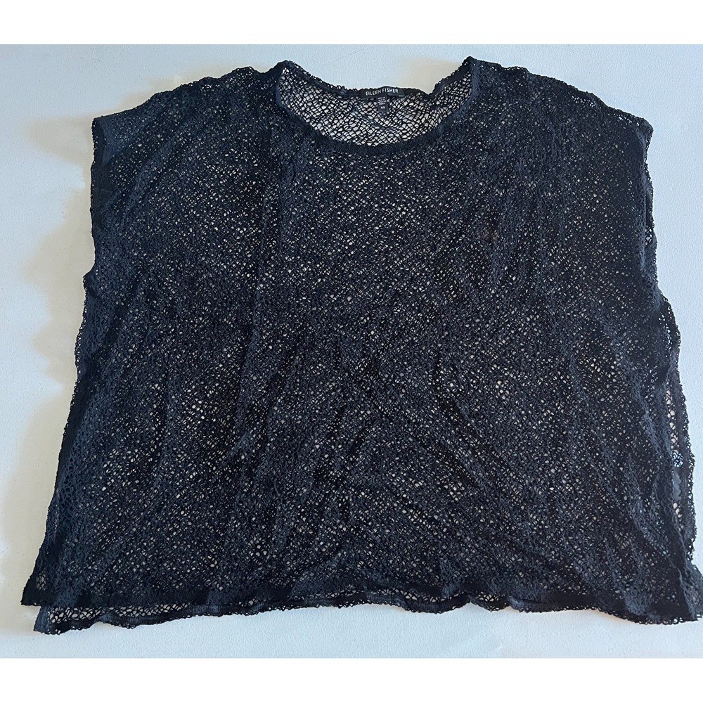 Eileen Fisher Womens Top Black Sleeveless Open Knit Side Slits Oversize Size XS